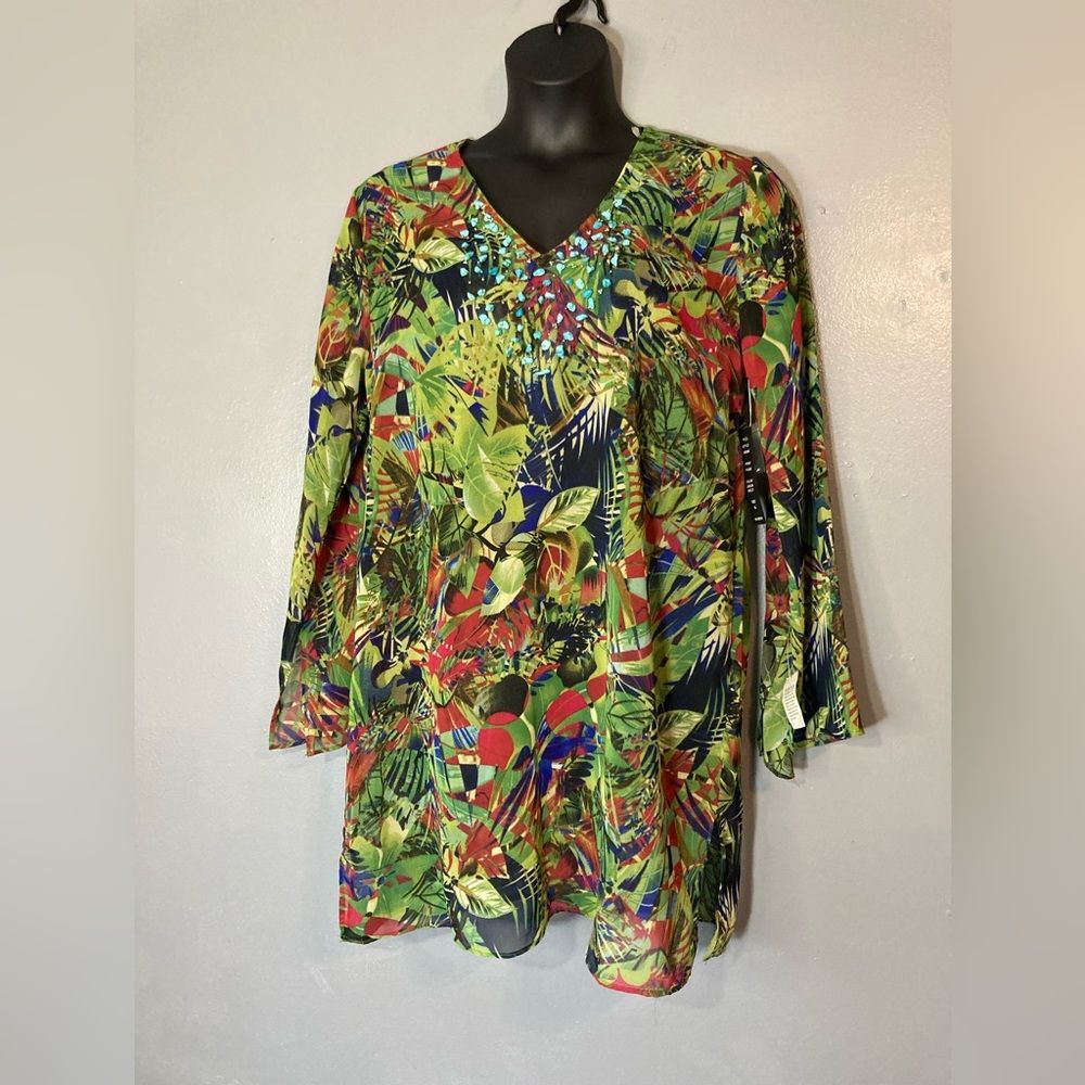 Mix Nouveau green tropical sheer coverup/tunic